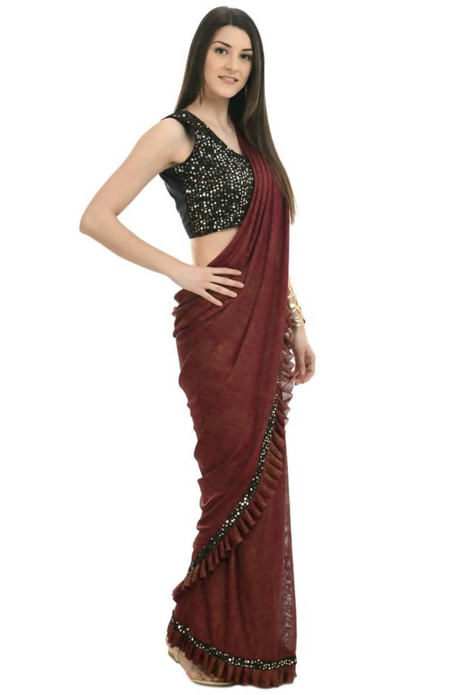 Mominos Fashion All Season Wear Rust And Black Ruffled Ready To Wear Saree - Distacart