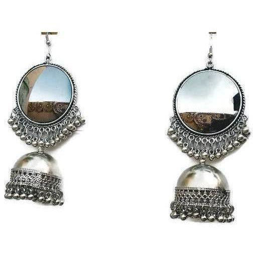 Large Mirror Earrings With Oxidized Silver Jhumkas