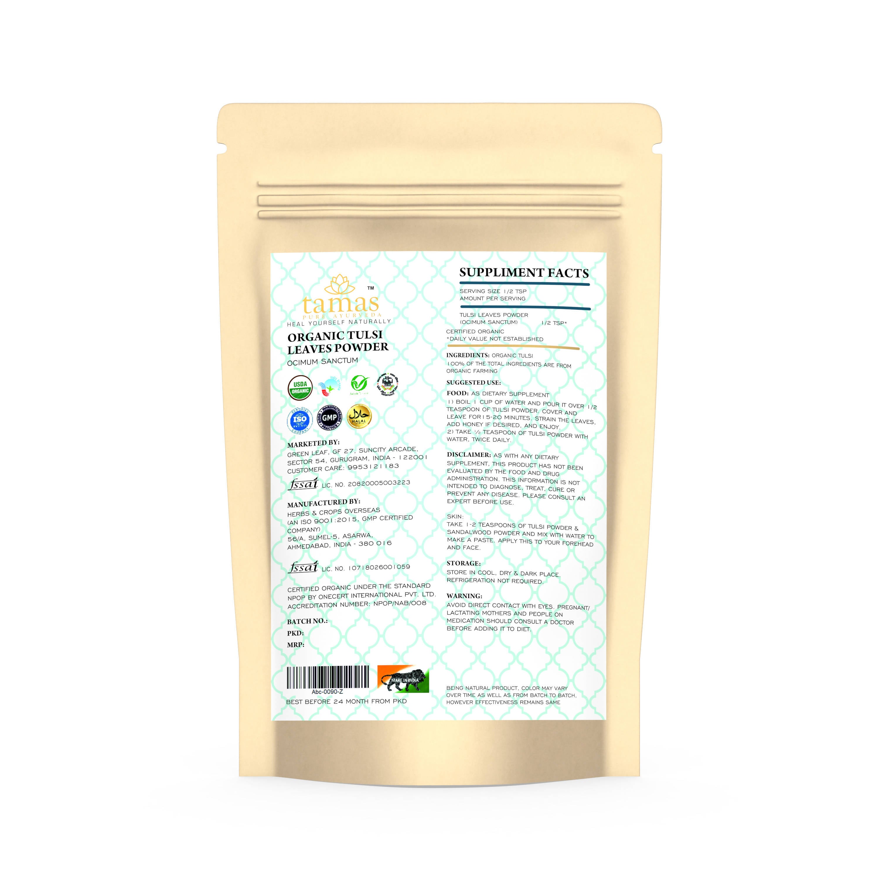 Tamas Pure Ayurveda Superfood Organic Tulsi Leaves Powder - Distacart