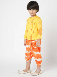 Thumbnail for Lil Drama Marigold Magic Boys Yellow Embroidered Kurta With Dhoti Set - Distacart