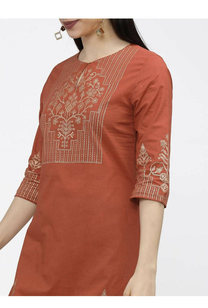 Cheera Embellished Daily Wear Cotton Blend Kurta - Brown - Distacart