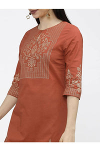 Thumbnail for Cheera Embellished Daily Wear Cotton Blend Kurta - Brown - Distacart