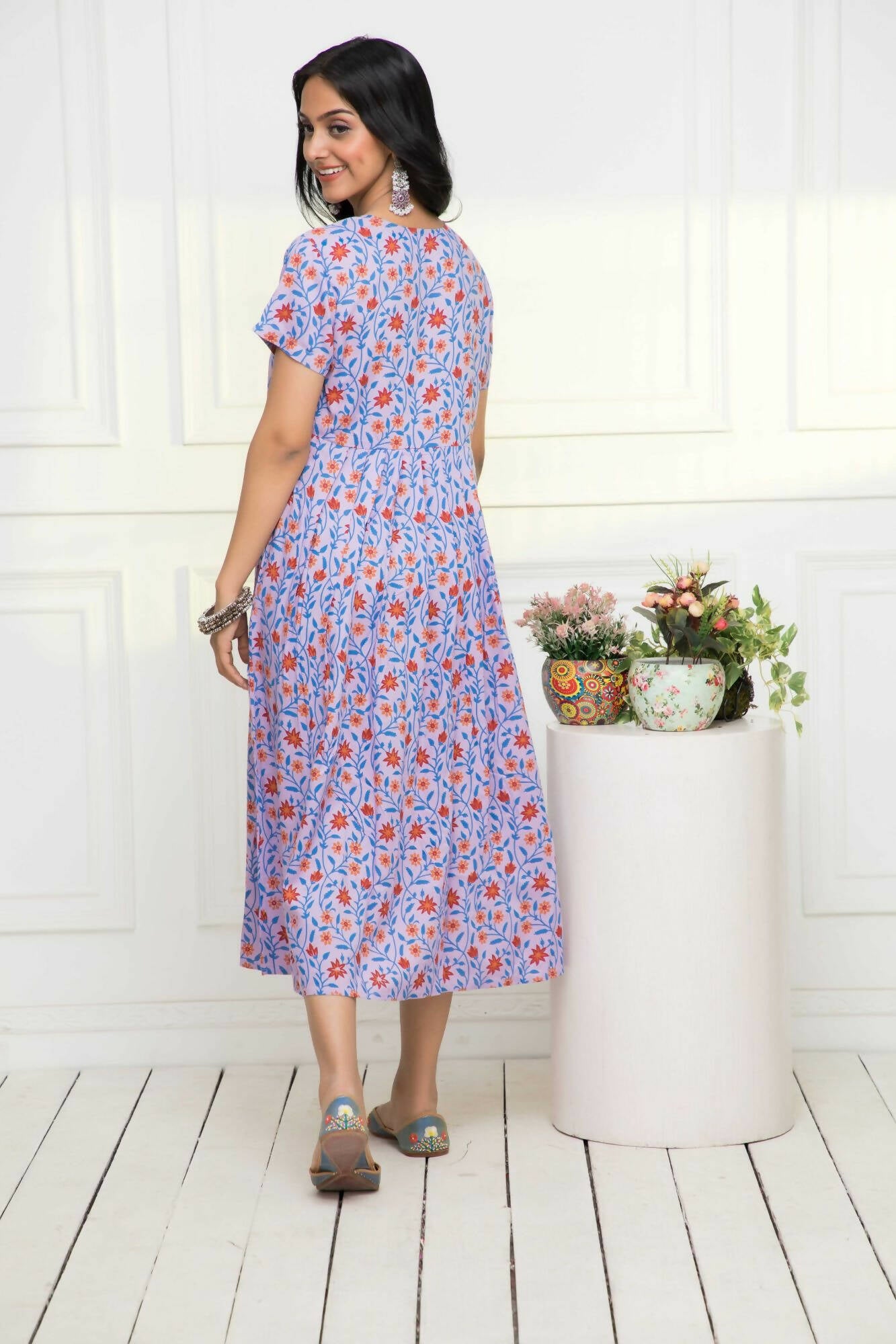 Myshka Women Purple Floral Rayon A-Line Round Neck Dress - Distacart