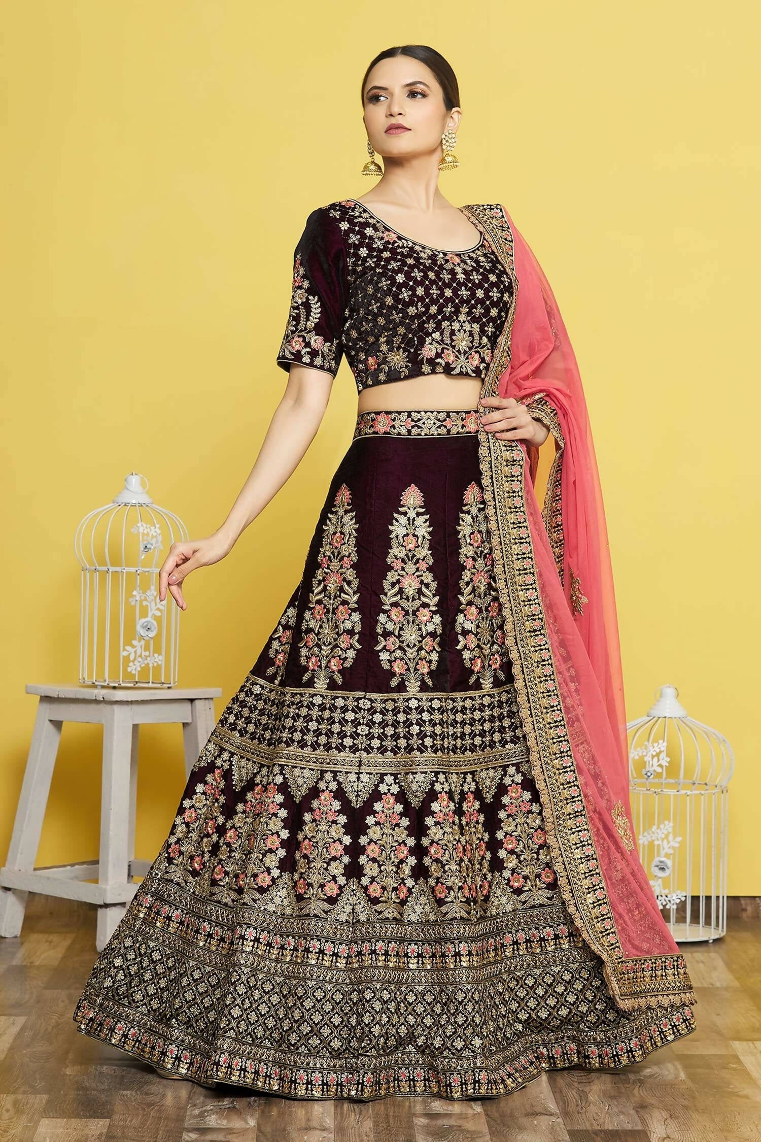 Wine Velvet Semi-Stitched Wedding Bridal Lehenga - Nimaya - Distacart