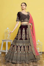 Thumbnail for Wine Velvet Semi-Stitched Wedding Bridal Lehenga - Nimaya - Distacart