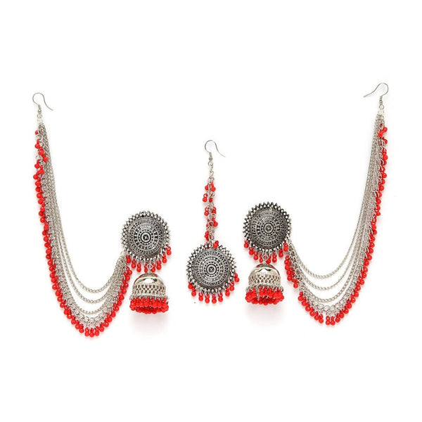 Mominos Fashion Johar Kamal Bahubali Red Beads Earrings With Tikka - Distacart