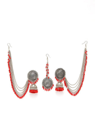 Mominos Fashion Johar Kamal Bahubali Red Beads Earrings With Tikka - Distacart