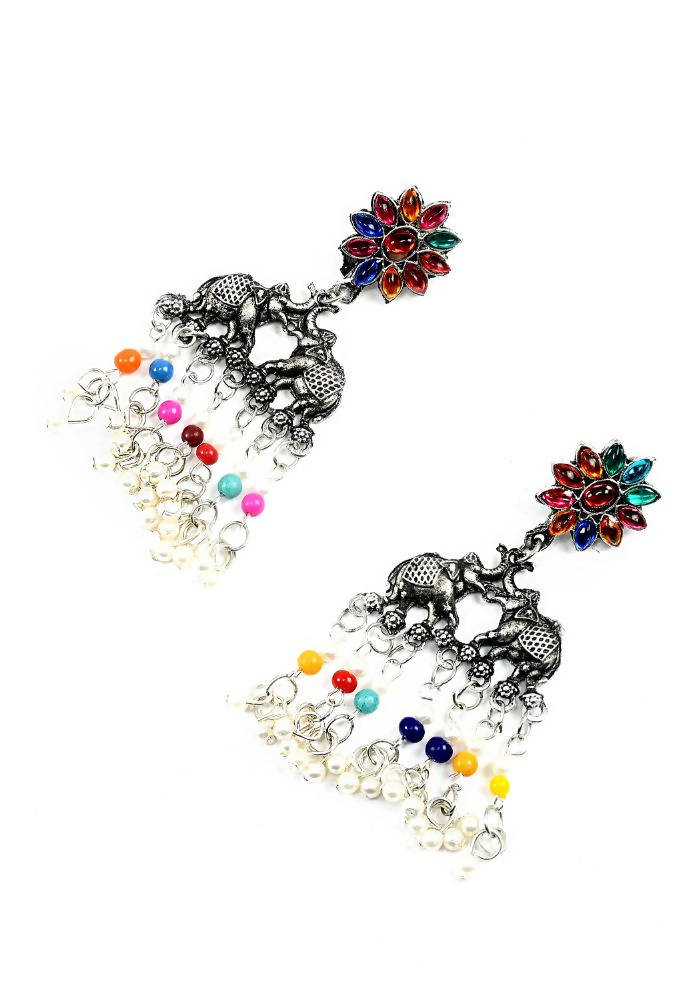 Tehzeeb Creations Multi Colour Oxidised Necklace And Earrings With Elephant Design