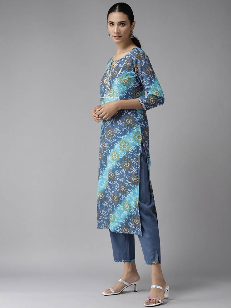 Yufta Women Blue Bandhani Printed Embroidered Detail Cotton Kurta with Trouser & Dupatta