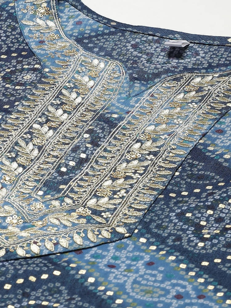 Yufta Women Blue Bandhani Printed Regular Gotta Patti Kurta with Palazzo & With Dupatta