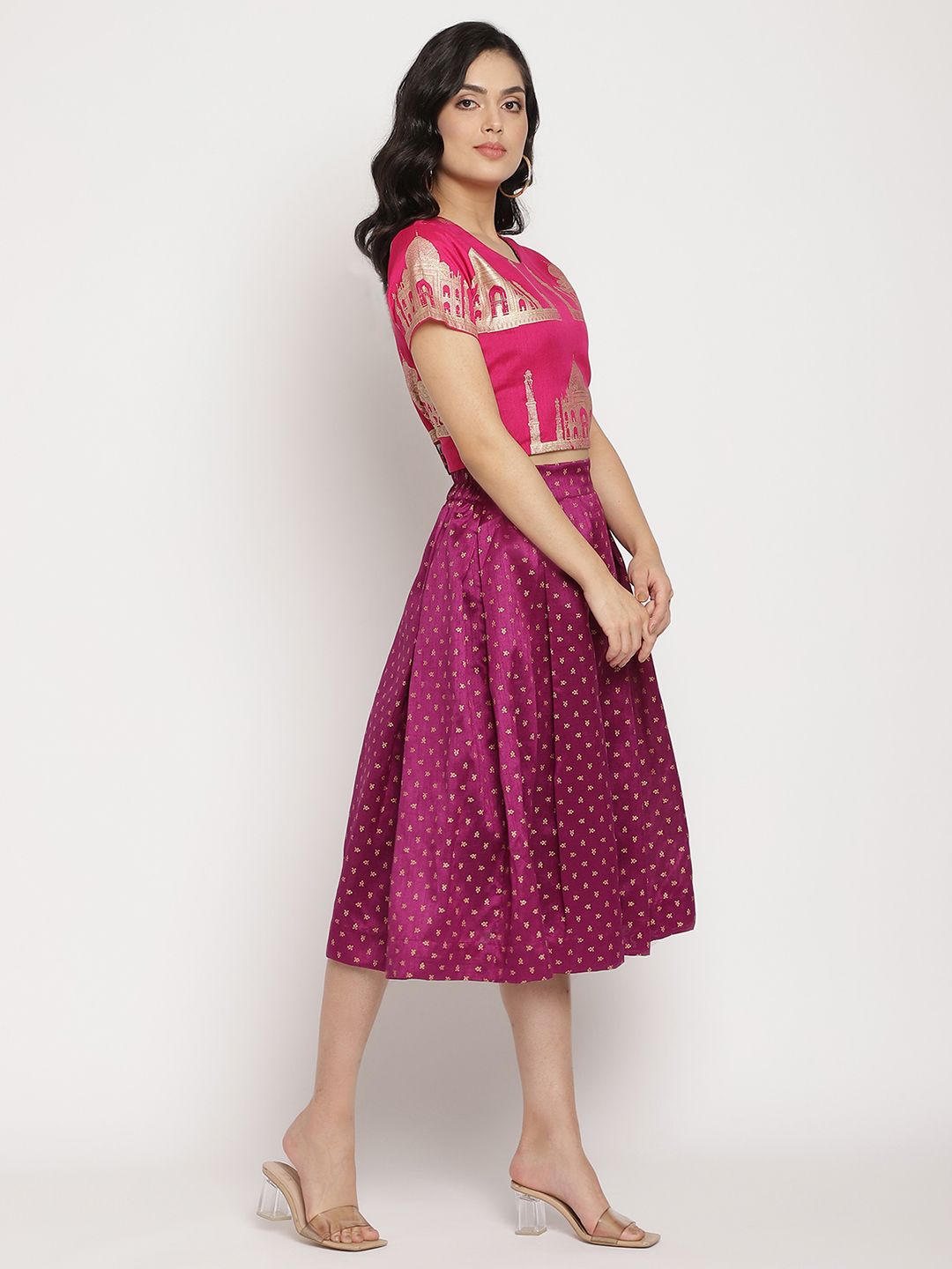 Ahalyaa Women's Pink Poly Silk Gold Foil Print Top With Skirt