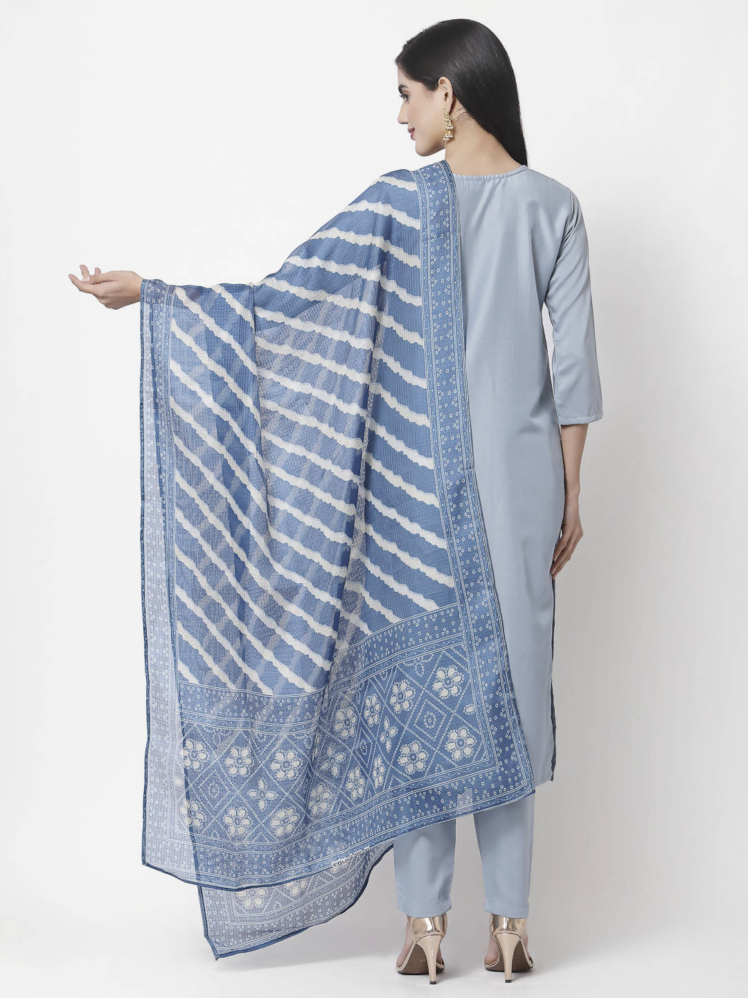 Myshka Women Light Blue Silk Blend Embroidered 3/4 Sleeve Round Neck Kurta Pant Dupatta Set