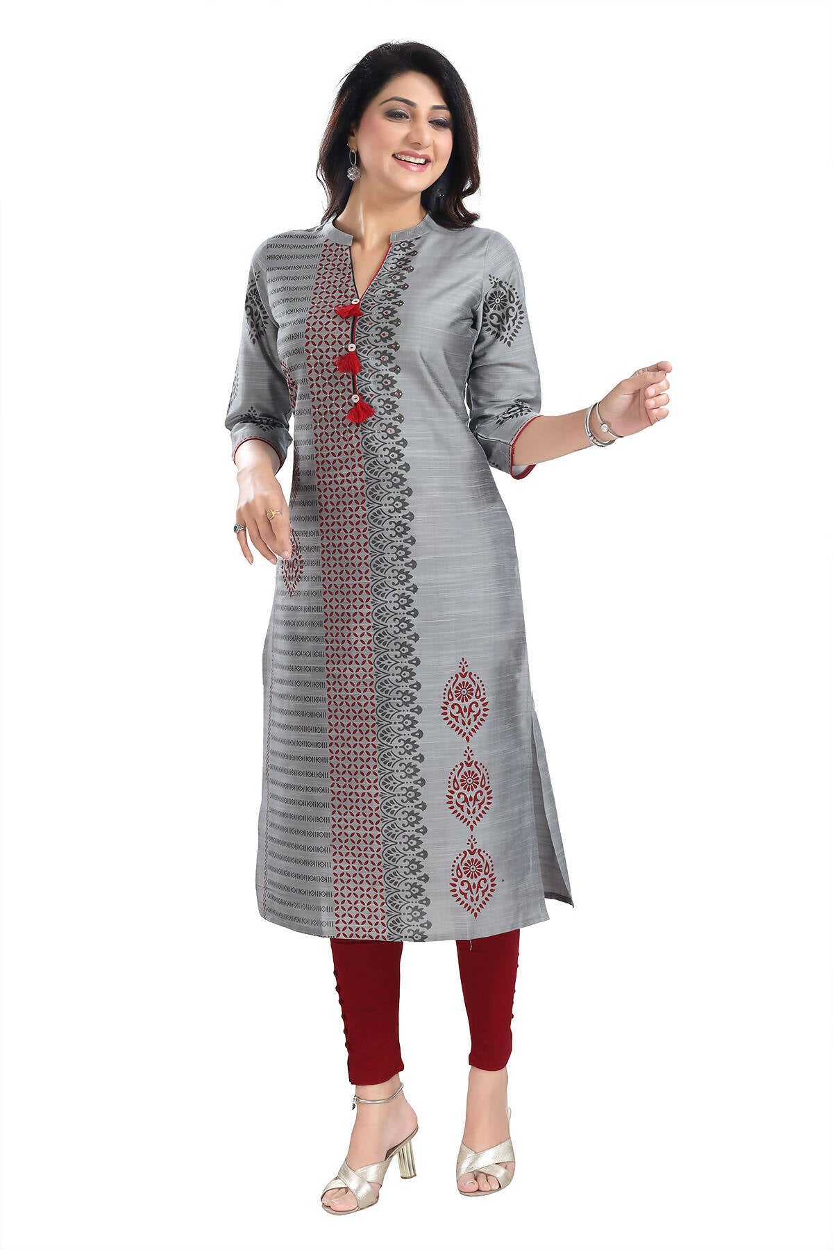 Snehal Creations Grey Raw Silk Block Print Long Kurta For Women - Distacart