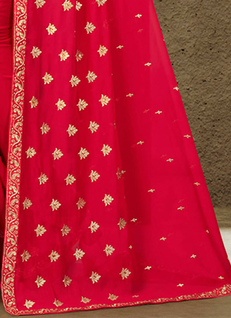 Red Georgette Embroidered Saree with Unstitched Blouse Piece - Avika - Distacart