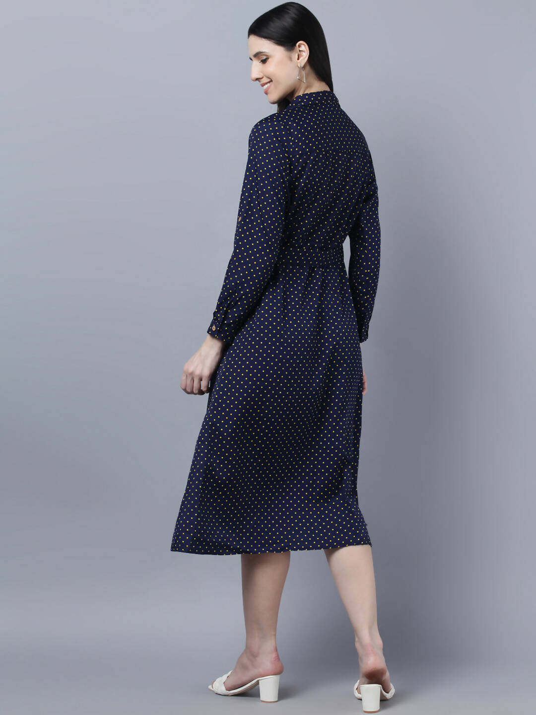 Myshka Women Navy Blue Yellow Printed Shirt Dress - Distacart
