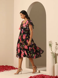 Thumbnail for Pomcha Jaipur Black Gul Gulabi Phool 3 Tiered Dress - Distacart