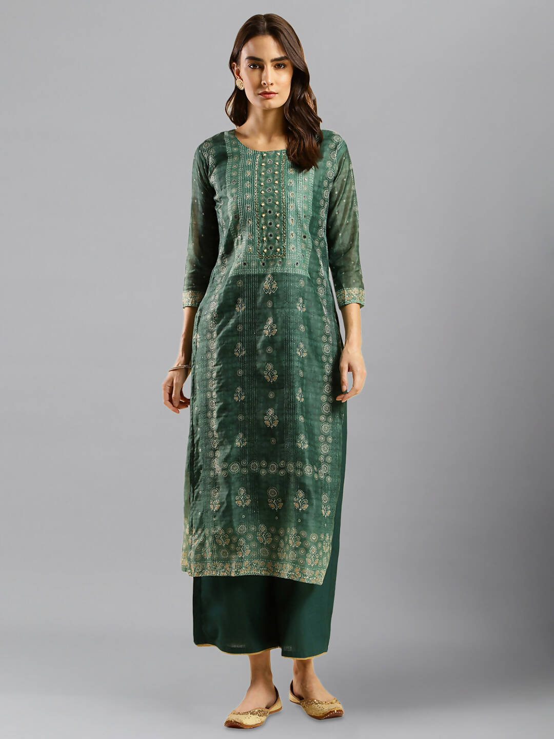 Sea Green Chinon Digital Printed With Hand Work Kurta - Himanshi - Distacart