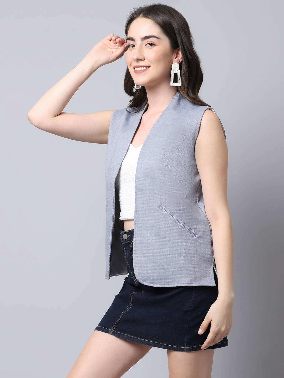 Even Apparels Grey Polyblend Open Front Women's Waistcoat - Distacart