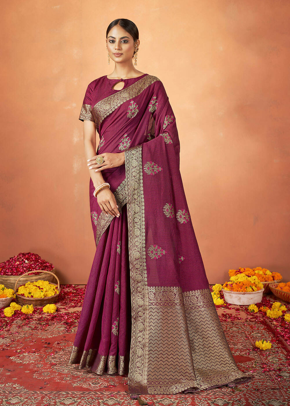 Maroon Tusser Silk Woven Design Saree With Unstitched Blouse Piece - Norita Royal Pradha - Distacart