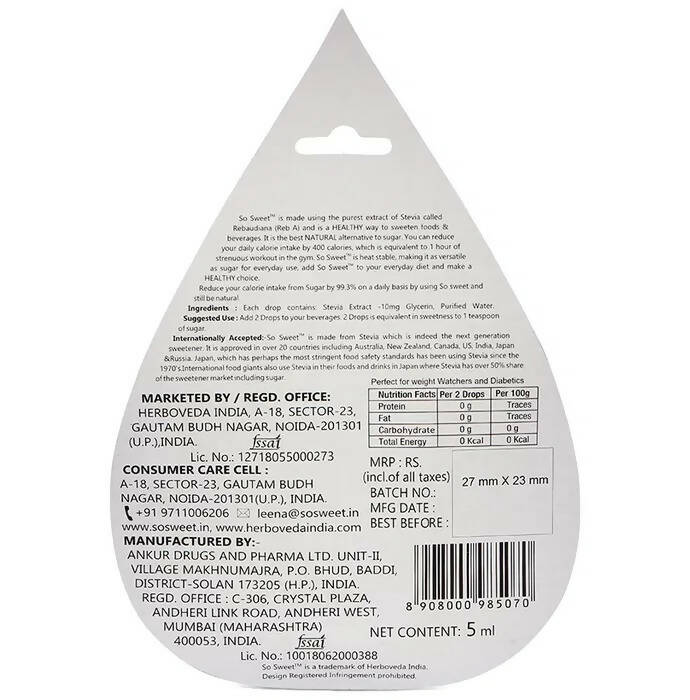 Herboveda So Sweet Stevia Liquid Drops- Sweetener Sugar Free - Distacart