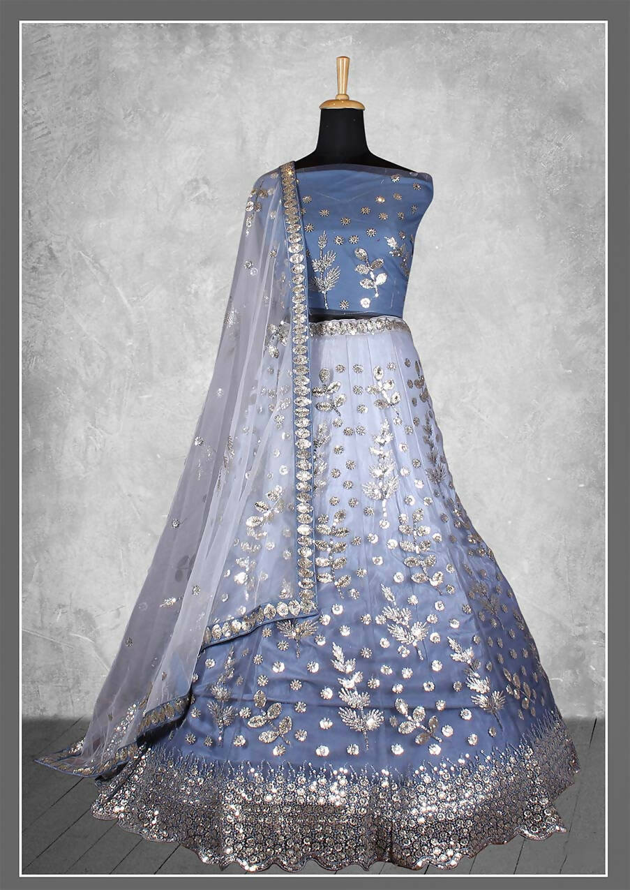 Grey Net Floral Sequins And Cord Embroidery, Cut Work Semi-Stitched Lehenga Choli - Nimaya Kangan - Distacart