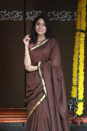 Very Much Indian Pure Cotton Handloom Saree With Intricate Borders - Brown - Distacart