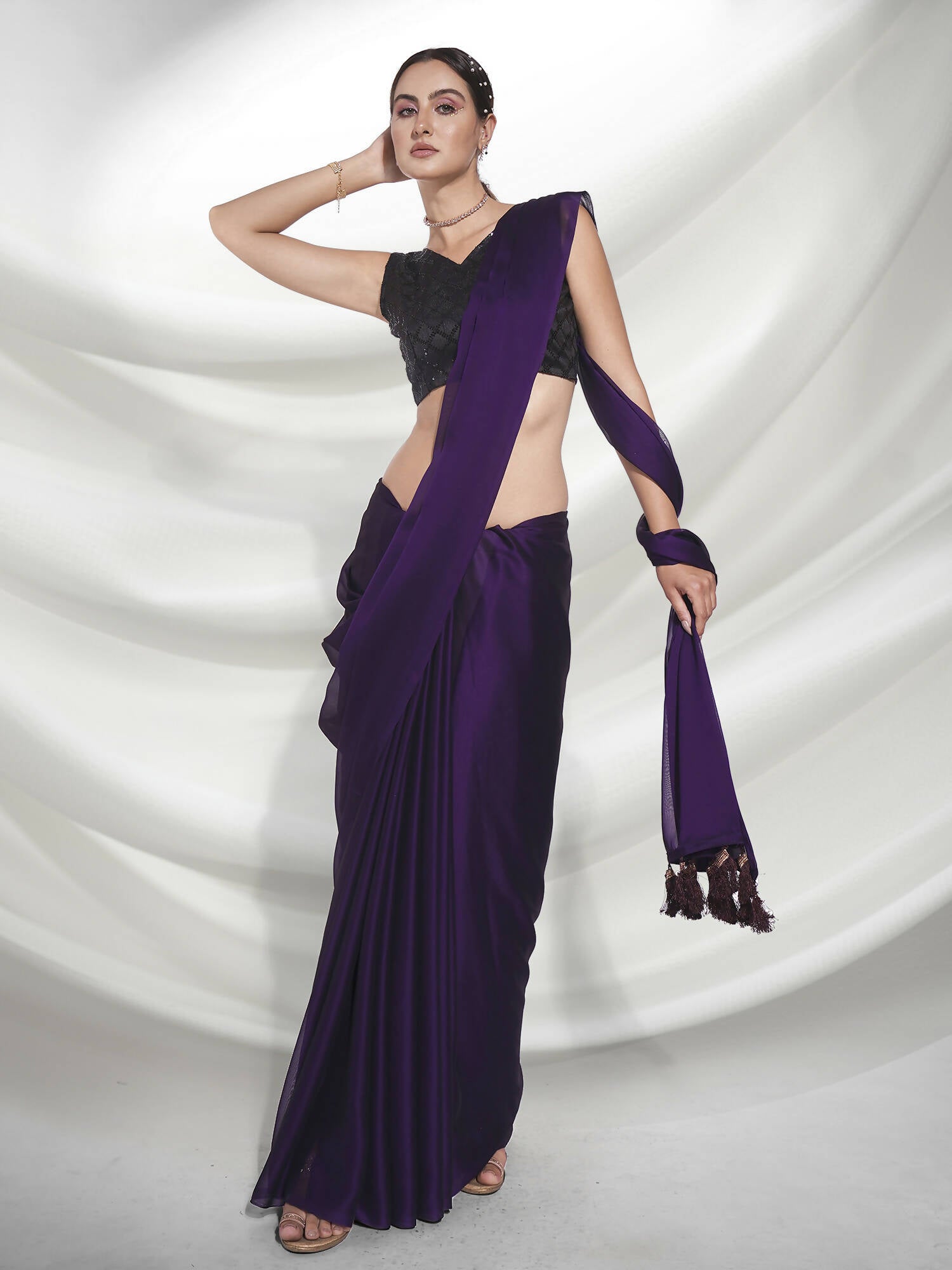 Purple Organza Solid Saree With Unstitched Blouse Piece - Shanaya - Distacart
