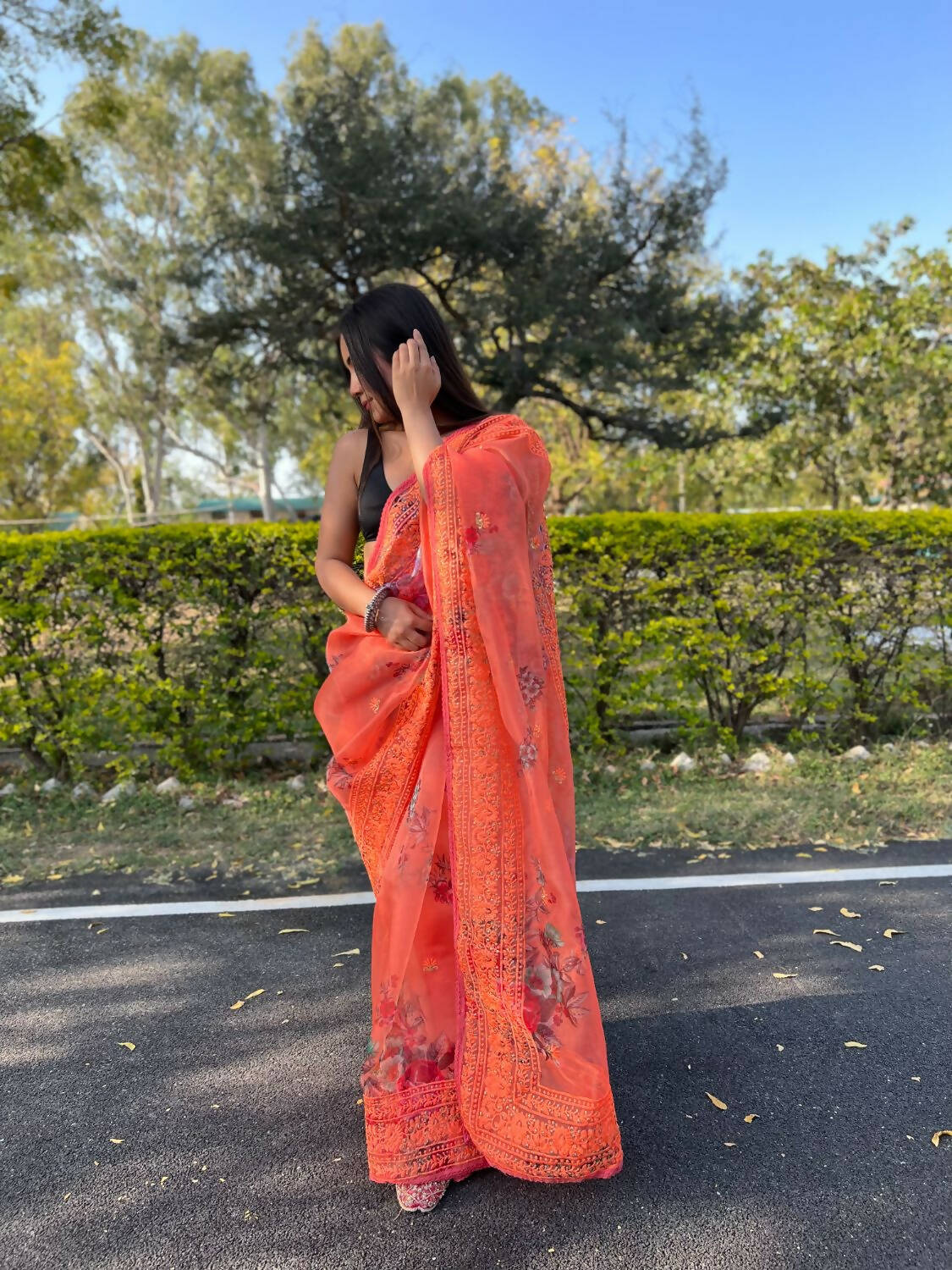 Vastrasky Orange Organza Saree - Distacart