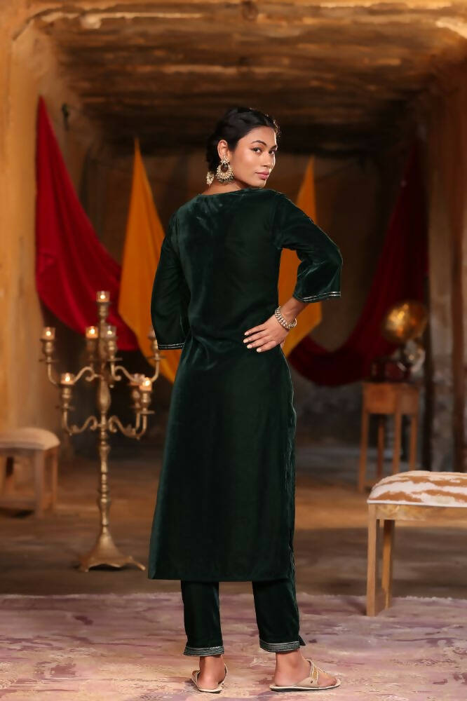 Juniper Women Jadegreen Velvet Embroidered Straight Kurta Sets - Distacart