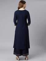 Thumbnail for Janasya Navy Blue & Gold-Toned Printed Yoke Design Keyhole Neck Crepe Anarkali Kurta - Distacart
