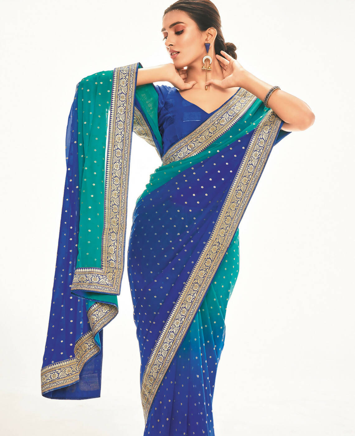 Blue Georgette Foil Printed Saree With Unstitched Blouse Piece - Nitya - Distacart