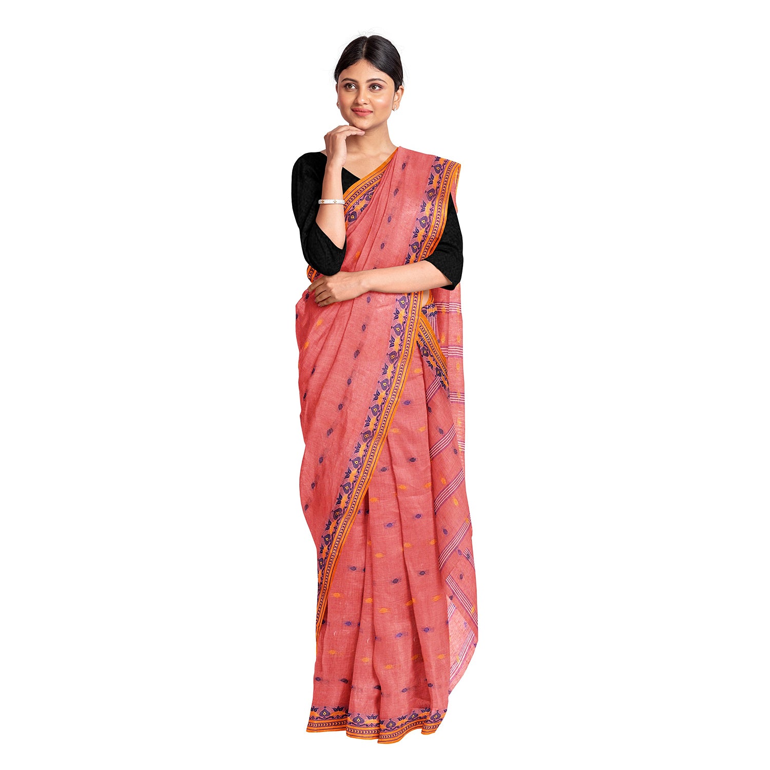Exclusive Collection 100% Pure Cotton Peach Tant Saree With Hand Weaving Work - Distacart
