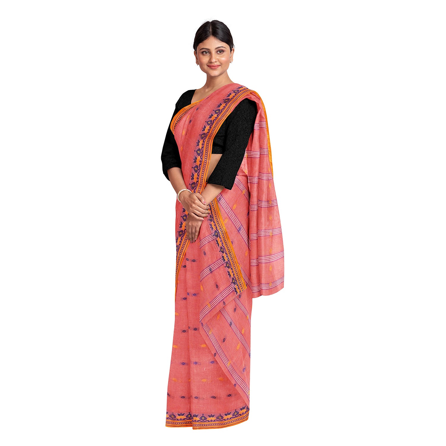 Exclusive Collection 100% Pure Cotton Peach Tant Saree With Hand Weaving Work - Distacart