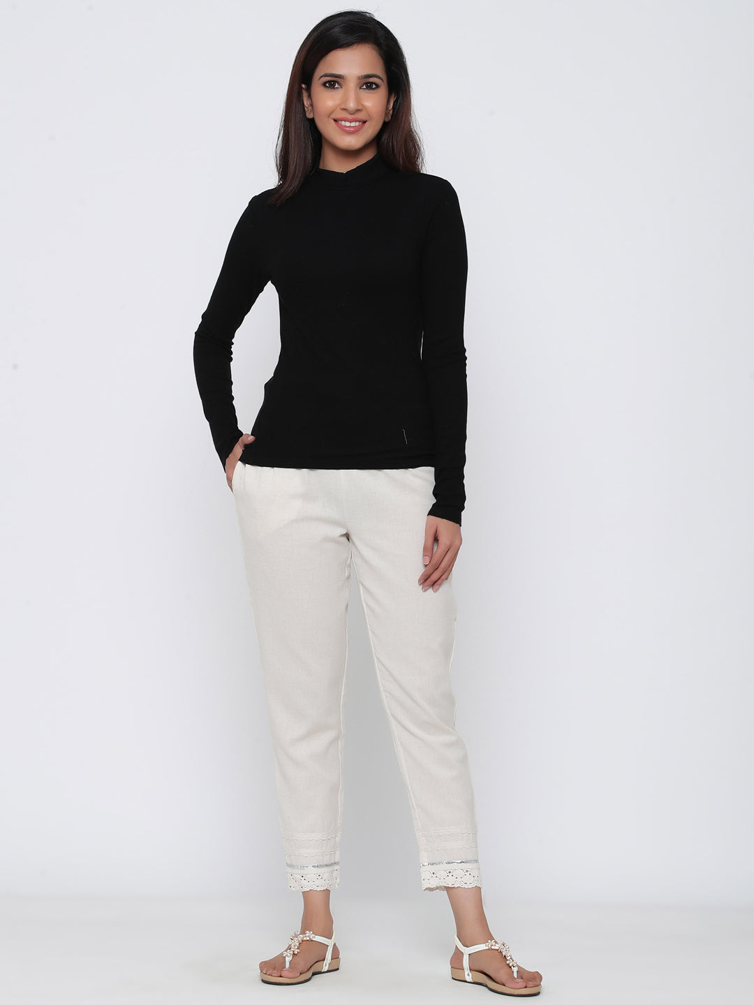 Juniper Women Offwhite Cotton Flex Solid Slim Fit Pant/Slim Pant - Distacart