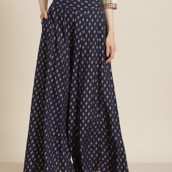 Juniper Women Navy Rayon Printed Flared Palazzo - Distacart