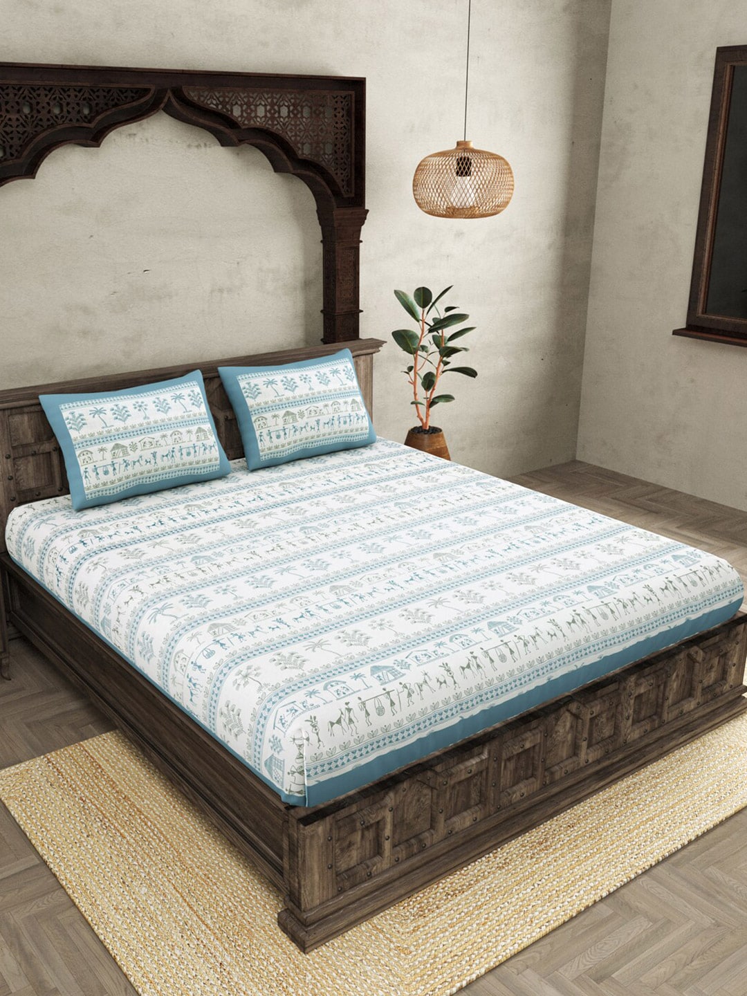 JAIPUR FABRIC Blue Ethnic Motifs Cotton 250 TC Super King Bedsheet With 2 Pillow Covers - Distacart