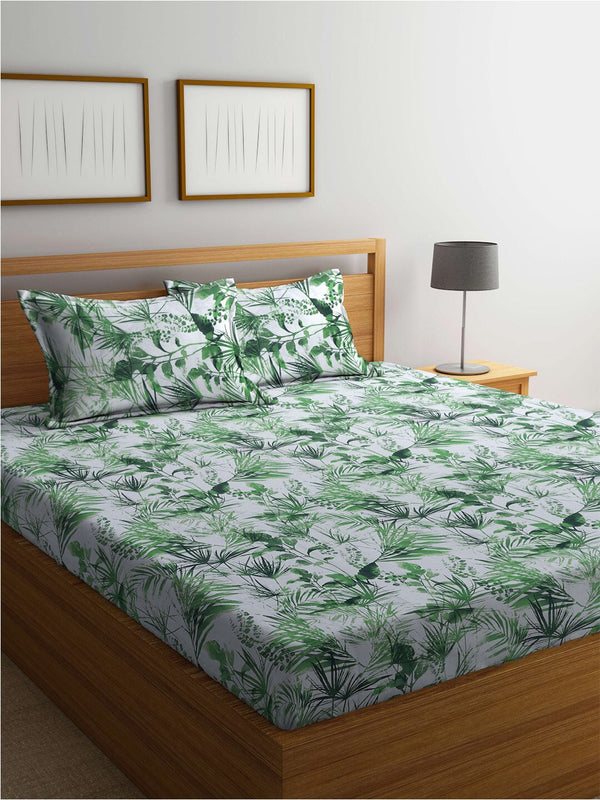 BOMBAY DYEING Serenita Green & White Floral Cotton 144TC Queen Bedsheet & 2 Pillow Covers - Distacart