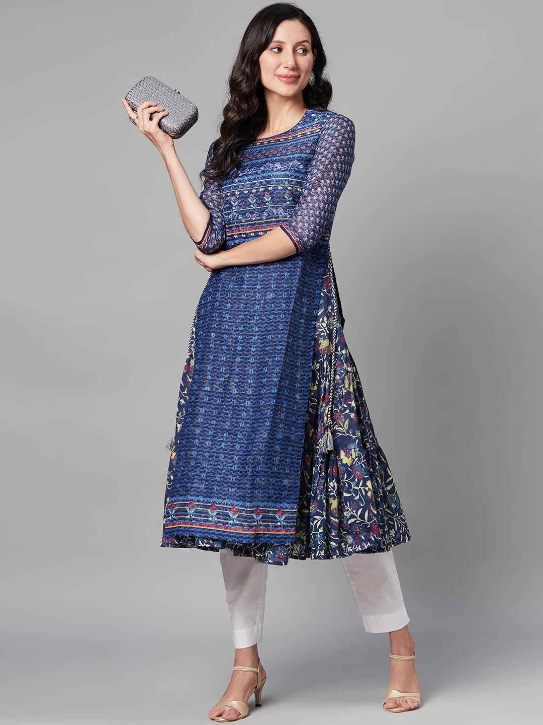 Biba Women Blue & Red Layered Ethnic Motifs Printed Kurta - Distacart