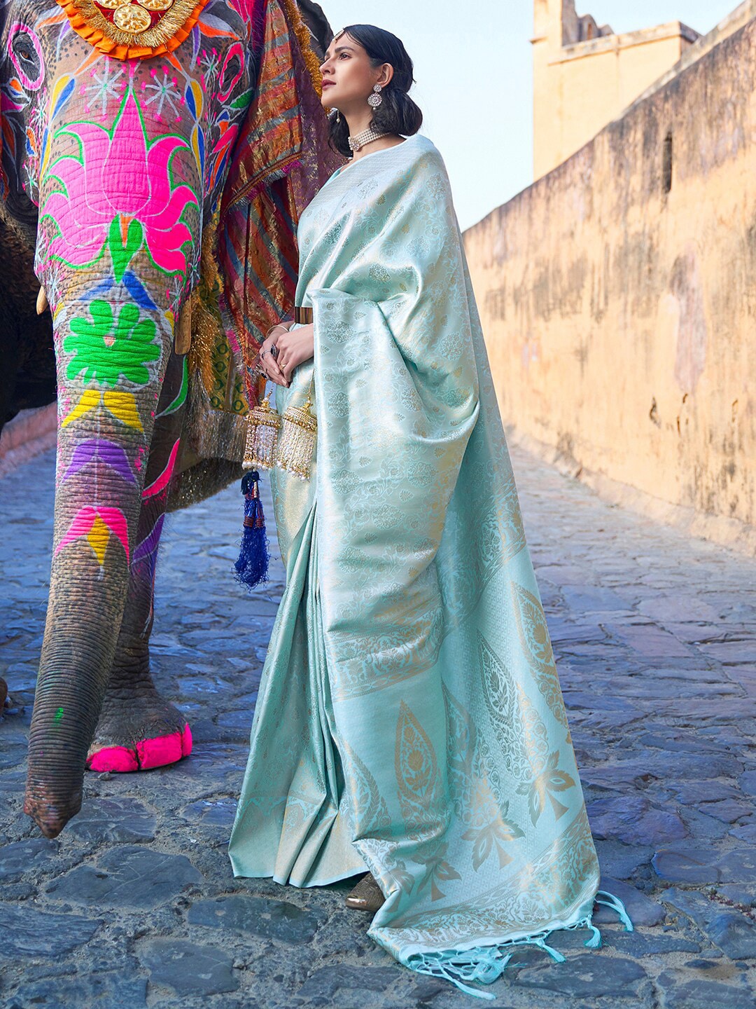 Mitera Women Turquoise Blue Ethnic Motifs Silk Blend Banarasi Saree - Distacart