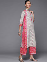 Thumbnail for Biba Women White & Pink Ethnic Motifs Printed Cotton Kurta with Palazzos & With Dupatta - Distacart