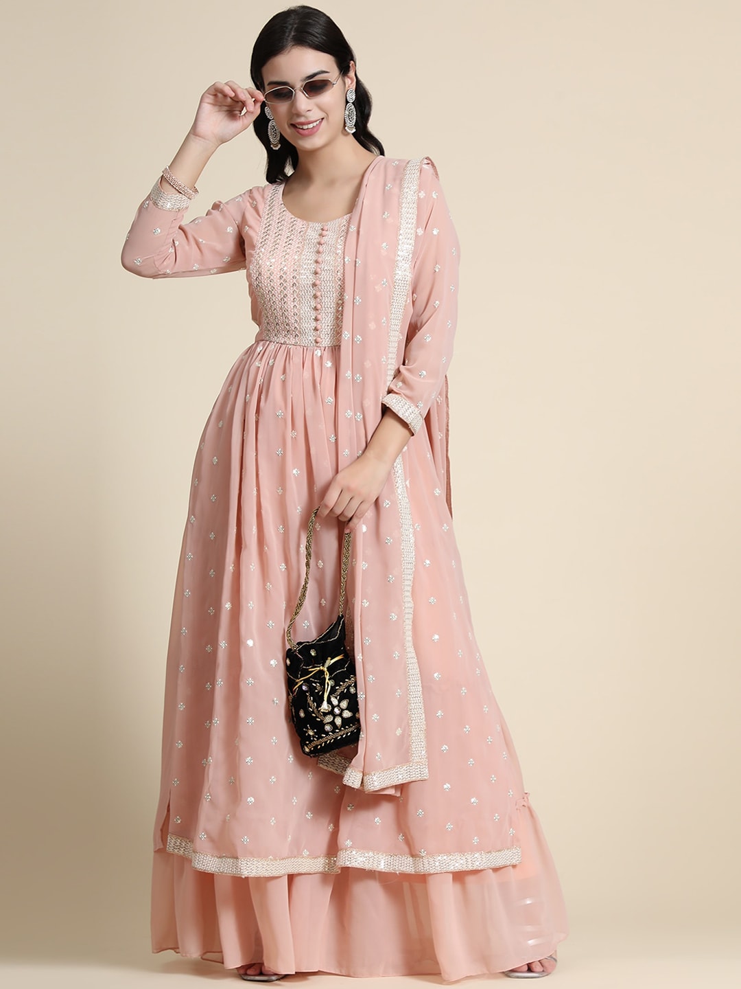 Kalini Women Peach-Coloured Ethnic Motifs Embroidered Empire Thread Work Kurta with Sharara & With Dupatta - Distacart