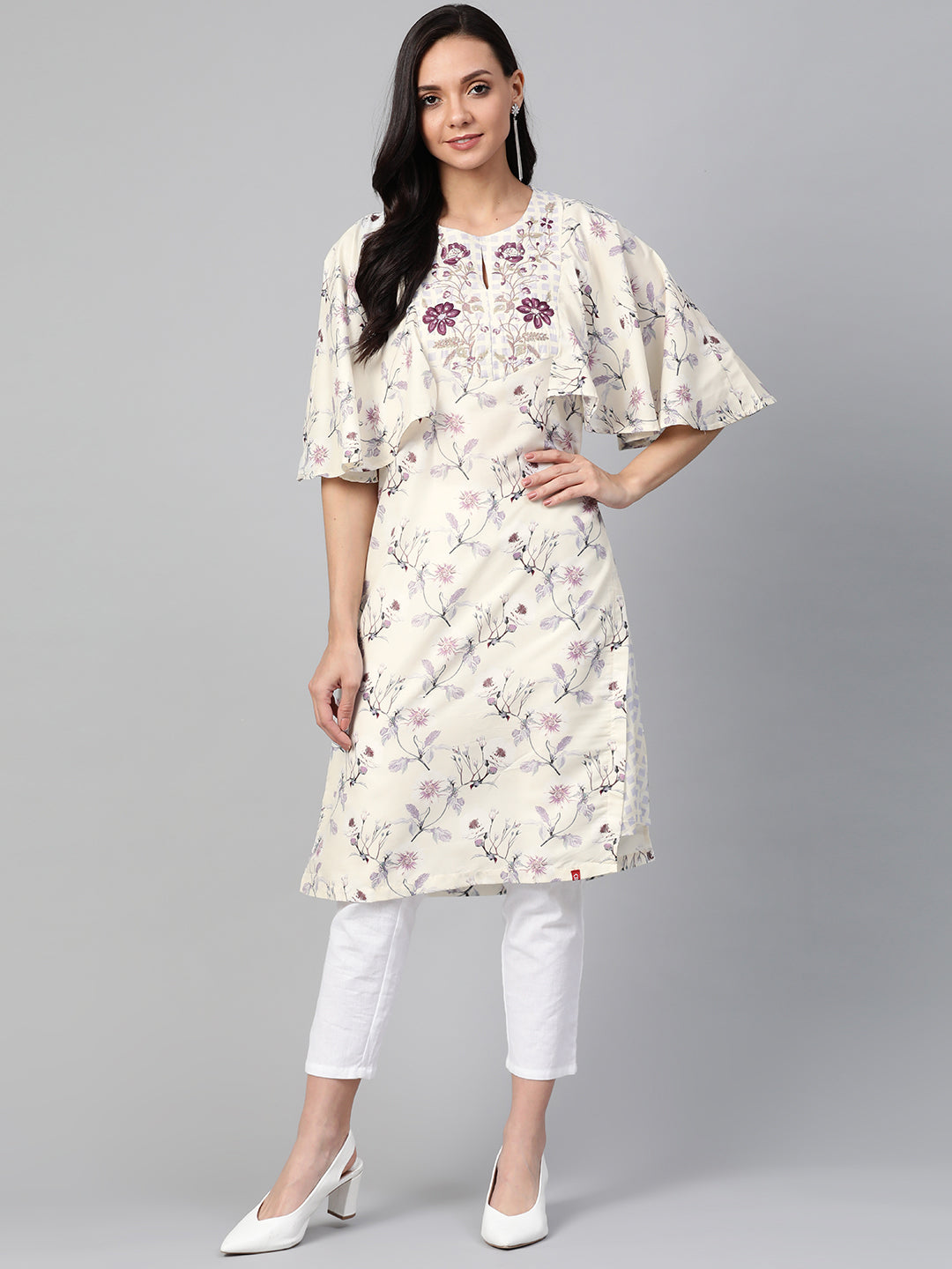 Biba Women Cream-Coloured & Mauve Printed A-Line Kurta - Distacart