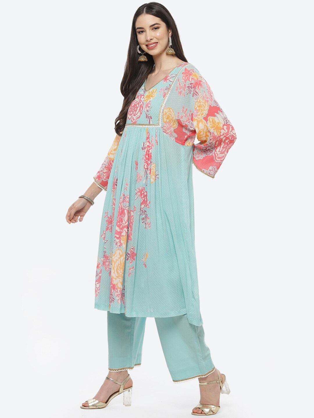 Biba Women Blue Floral Printed Empire Pure Cotton Kurta with Trousers - Distacart