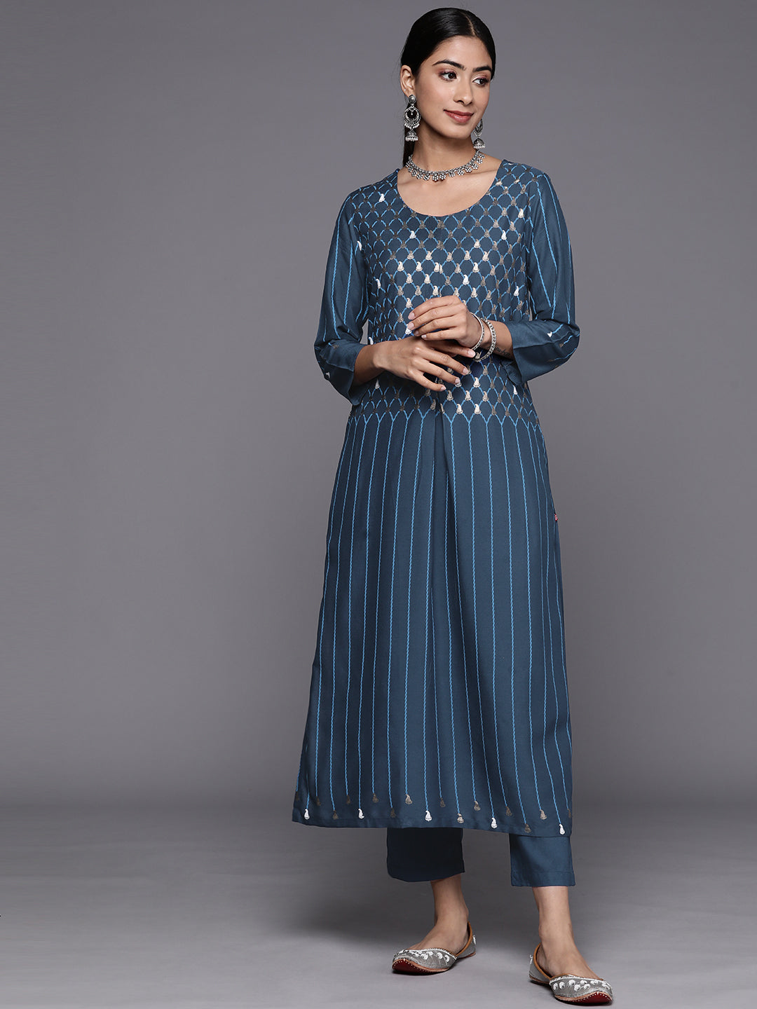 Biba Paisley Printed Pleated Design A-line Kurta with Trousers - Distacart