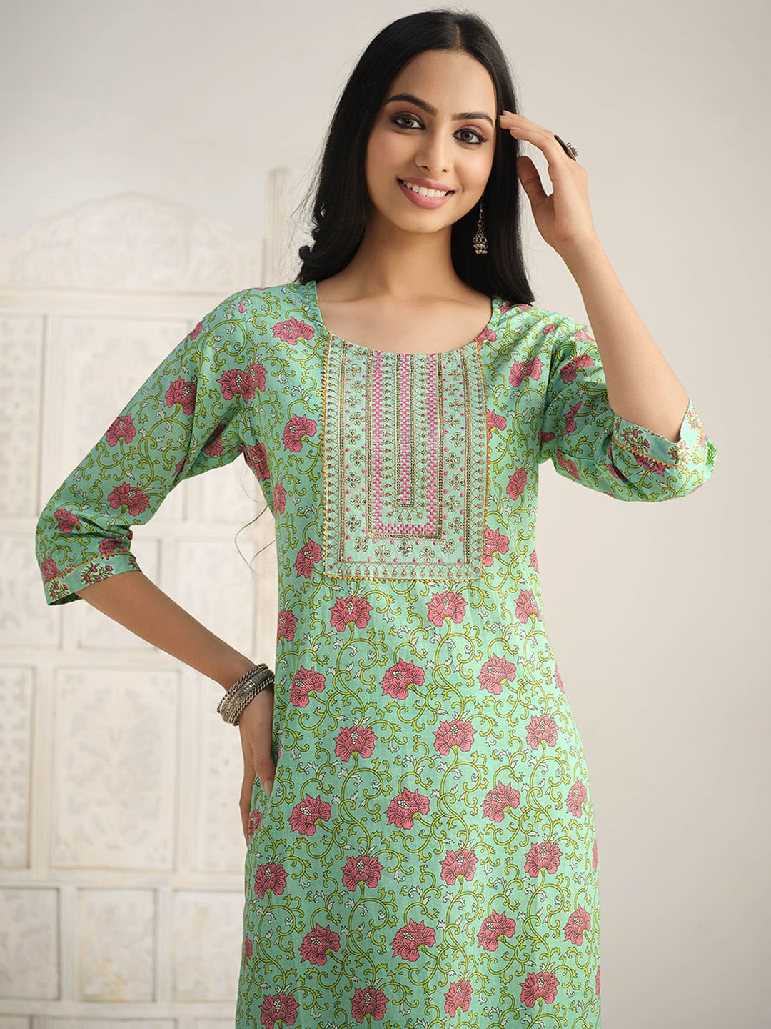 Sangria Floral Printed Gotta Patti Pure Cotton Kurta With Trouser & Dupatta - Distacart