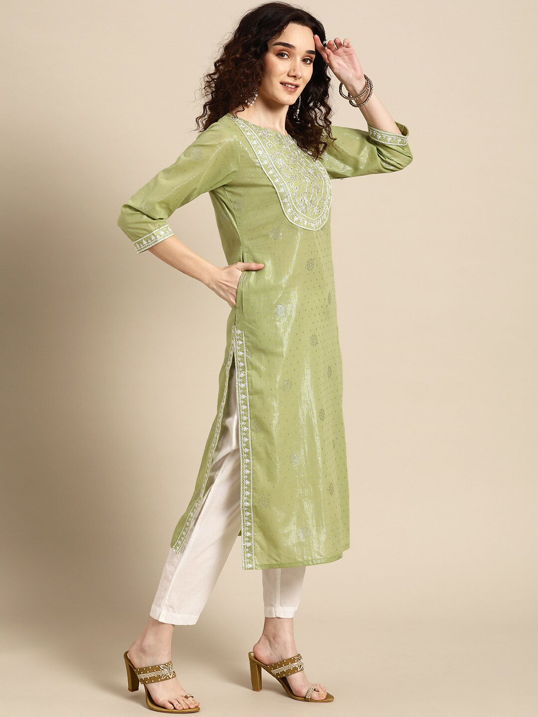 Sangria Women Olive Green Floral Yoke Design Thread Work Pastels Kurta - Distacart