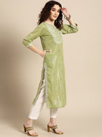 Thumbnail for Sangria Women Olive Green Floral Yoke Design Thread Work Pastels Kurta - Distacart