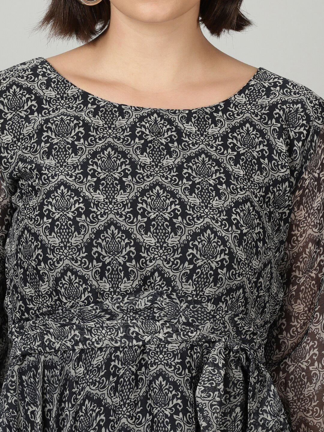 Souchii Women Grey & Black Ethnic Motifs Chiffon A-Line Midi Dress - Distacart