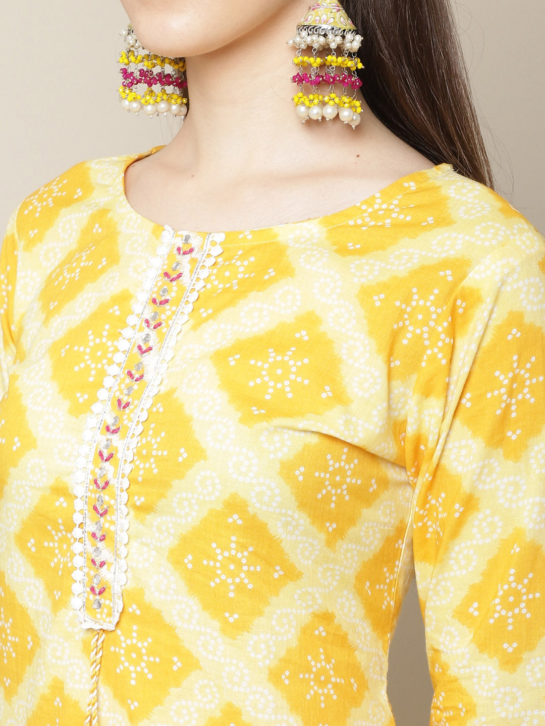 Sangria Women Yellow Printed Thread Work Pure Cotton Kurta with Trousers - Distacart