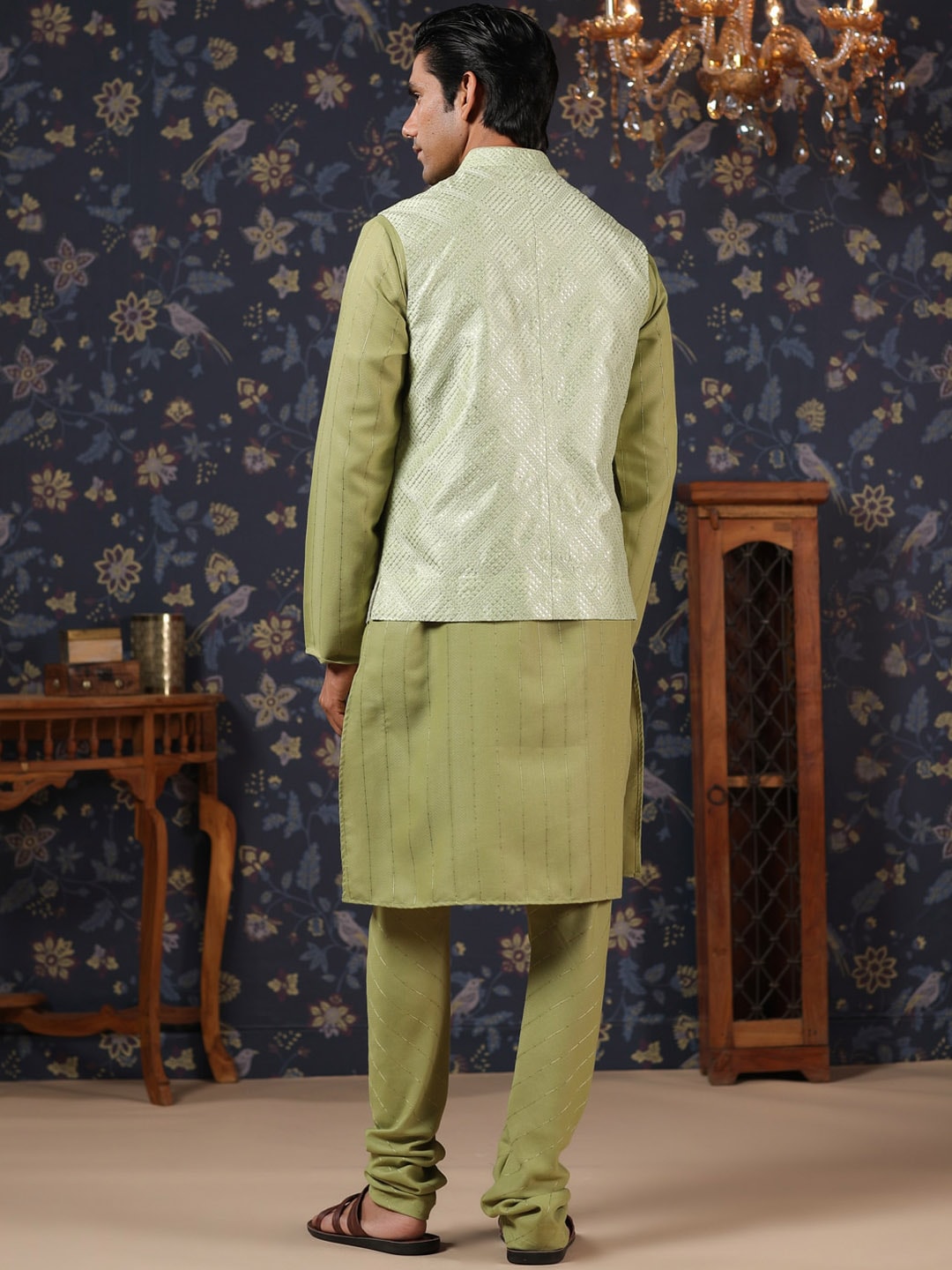 House of Pataudi Straight Kurta With Pyjamas & Embroidered Sequin Work Nehru Jacket - Distacart